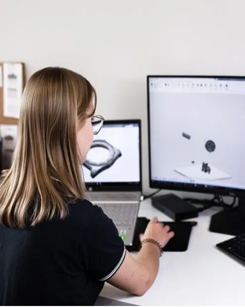 An engineer analyses a 3D model of a technical component on a computer before pricing and printing it using SLA technology.