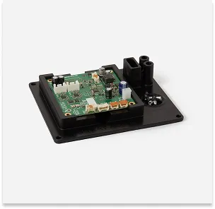 Printed circuit board (PCB) with electronics mounted in a black 3D-printed casing made of antistatic ESD resin.