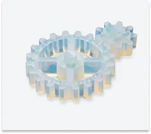 3D-printed gears made of semi-transparent Durable Resin, as an example of components with high impact strength and low friction.
