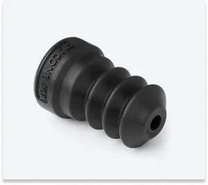 Black, flexible shock absorber component, 3D printed with Silicone 40A resin, ideal for seals and flexible parts.