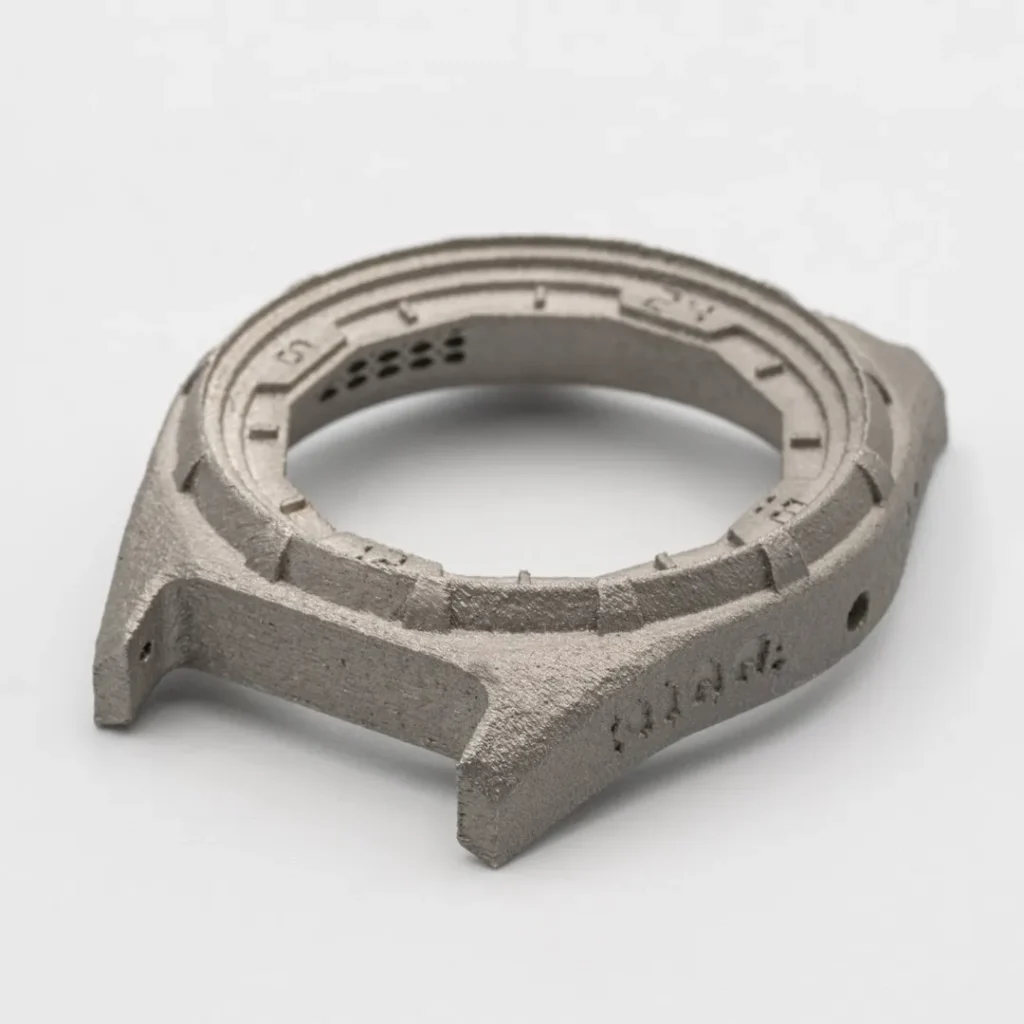 Folk Watch case – finishing details, 316L stainless steel, and LPBF technology.